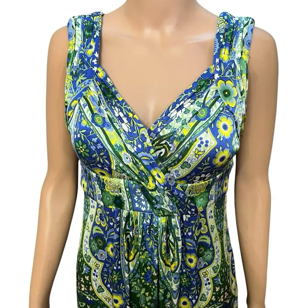 Gianni Bini Floral Maxi Dress 4 Blue Multi Retro Colorful Sleeveless V Neck Mod